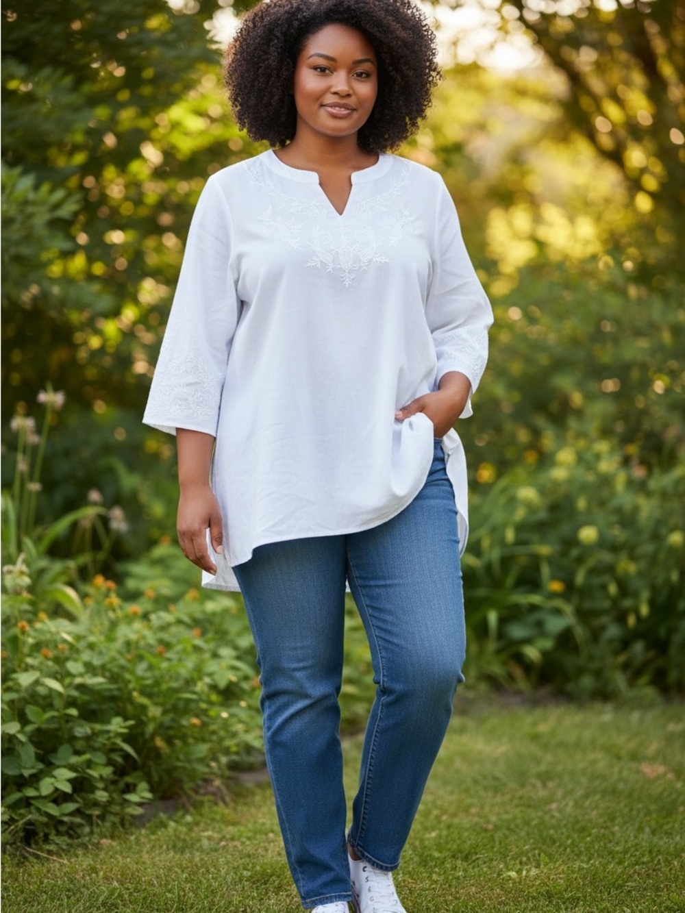 Grosy White Embroidered Tunic Blouse XXL Boho Paisley 3/4 Sleeve NWT